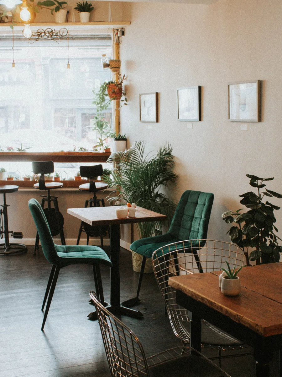 A bright seating corner inside Jack the Falafel