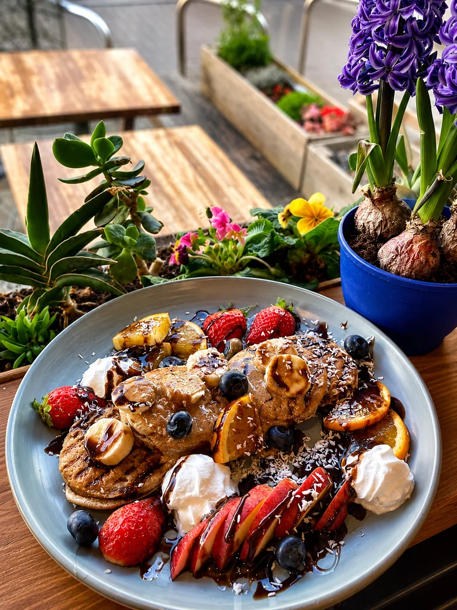 Pancakes topped with strawberries, banana, blueberries and chocolate sauce