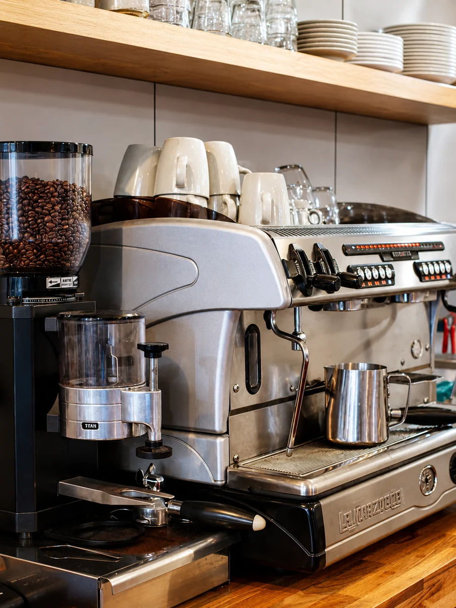 The café espresso machine with coffee beans, cups and milk jugs