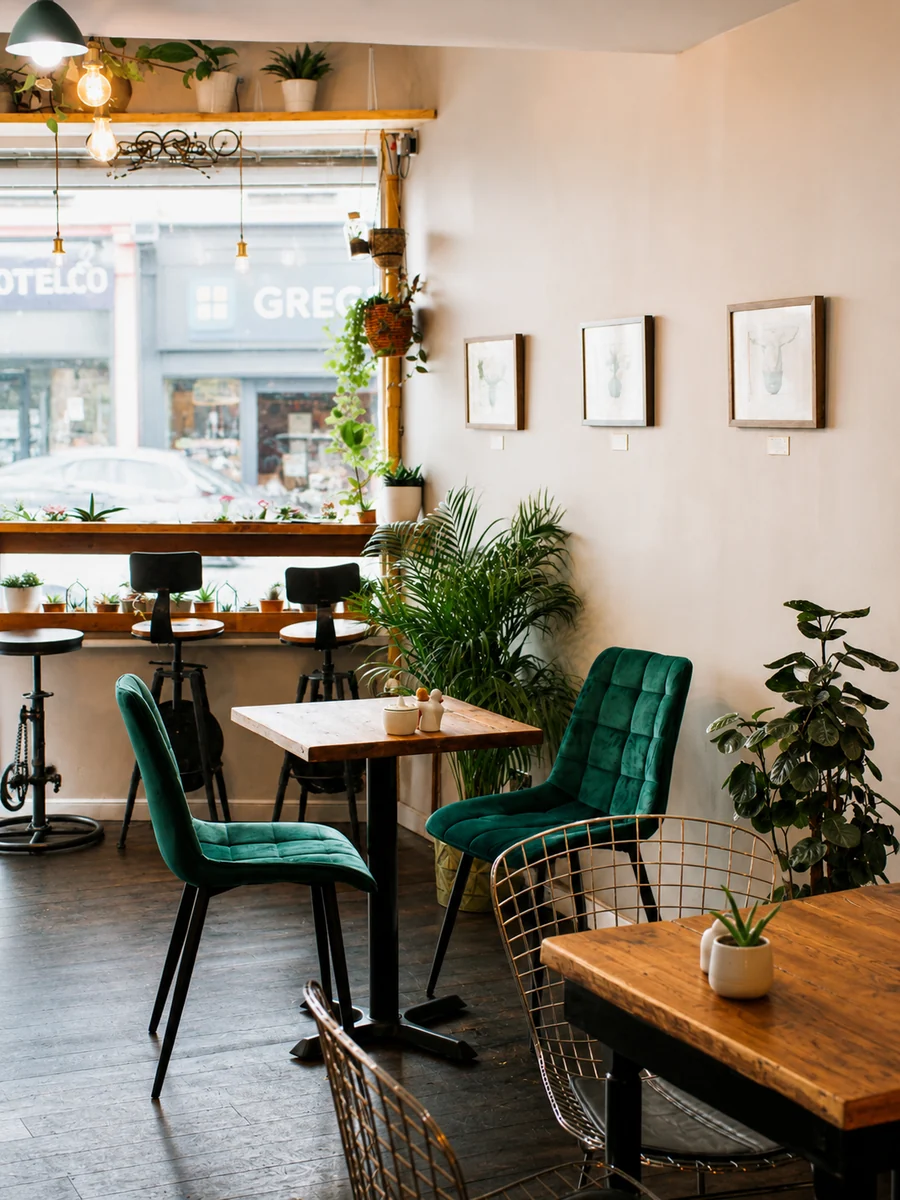 A bright plant-filled seating corner inside Jack the Falafel