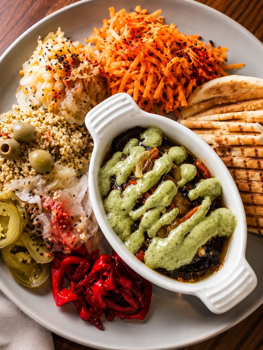 A colourful salad platter with couscous, grilled flatbread and green sauce