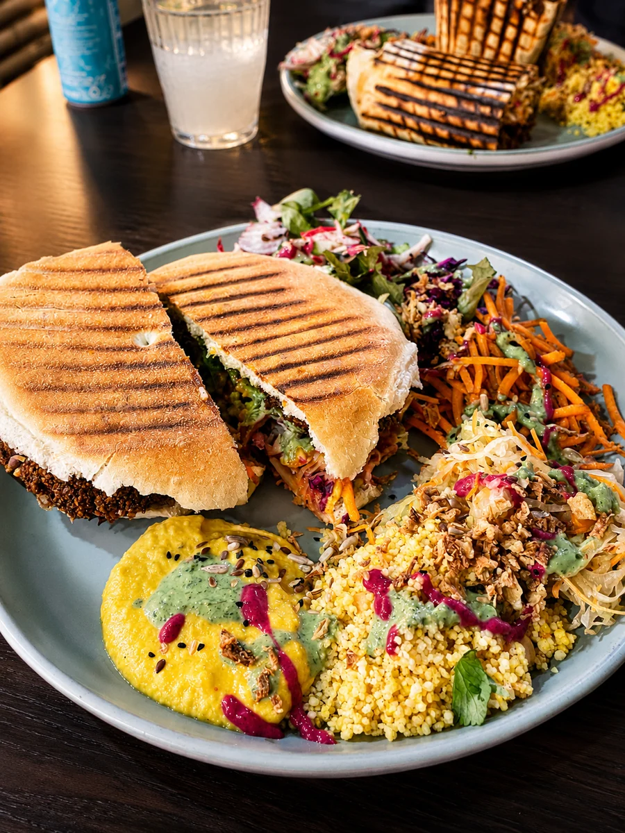 Two toasted wraps served with colourful salads, couscous and house sauces