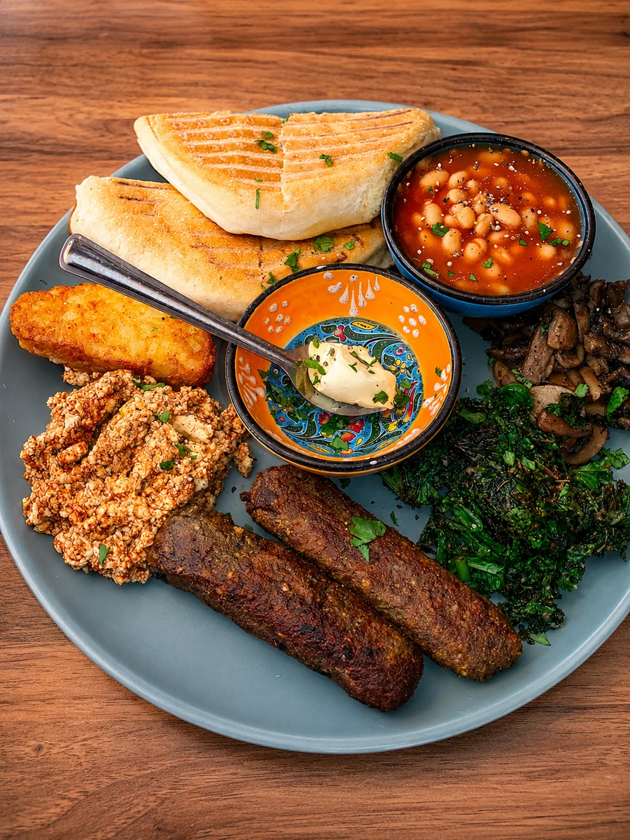 A generous breakfast plate with beans, mushrooms, greens and flatbread